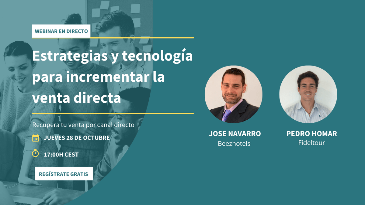 beezhotels's tweet photo. ¡Próximo Webinar gratuito en colaboración con Fideltour! 

💻 Estrategias y tecnología para incrementar la venta directa 📈  
📅 Jueves 28 de Octubre, 17:00
📍 ¡Inscríbete ya aquí! https://t.co/OjjunH9qMq

#webinar #webinaronline  #cursosonline  #RevenueManagement #ecommerce https://t.co/zhCu8oJLrb