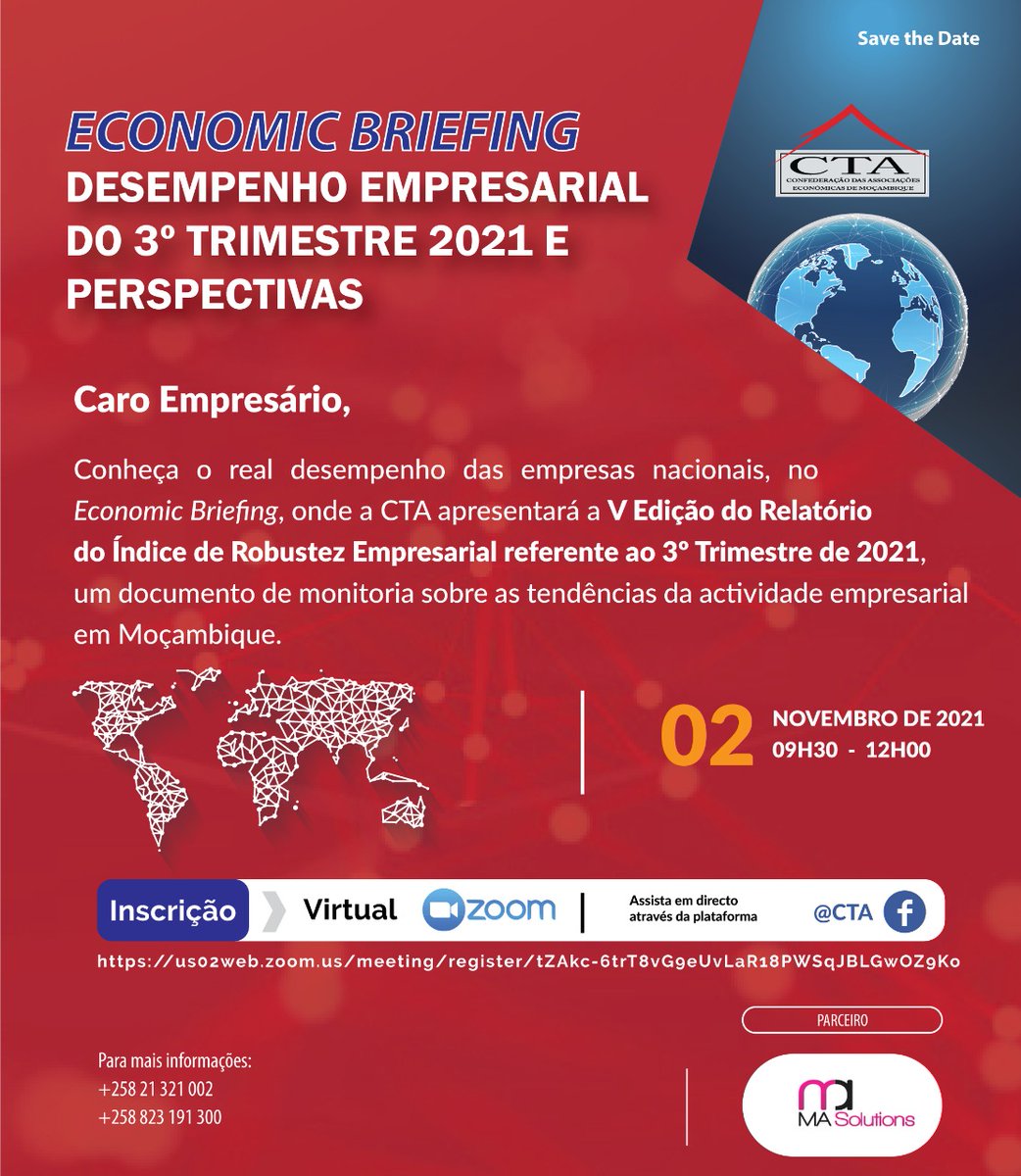 Conheça o real desempenho das #empresas nacionais no III Trimestre de 2021 e perspectivas, participando no #EconomicBriefing, onde a #CTA apresentará a V edição do Relatório do Índice de #RobustezEmpresarial. 

Para participar, faça o registo no link:
us02web.zoom.us/meeting/regist…