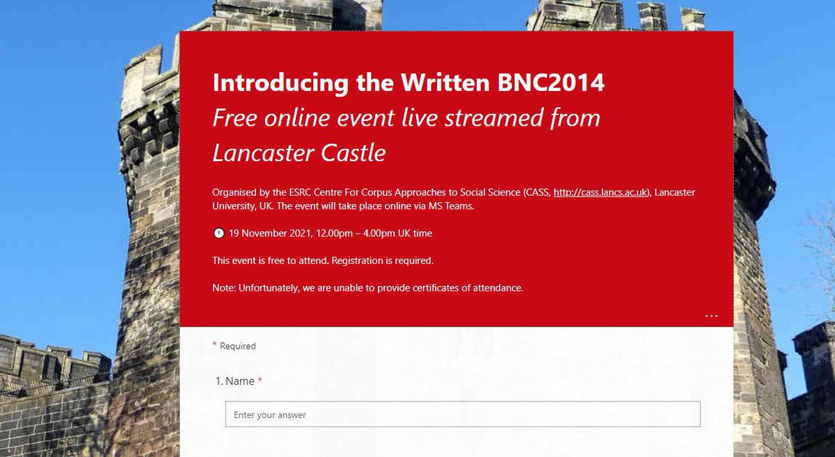 For your diaries: 'Introducing the Written BNC2014' (online)
 
🕛19 November 12pm - 4pm UK time

More info and free registration: cass.lancs.ac.uk/mycalendar-eve…