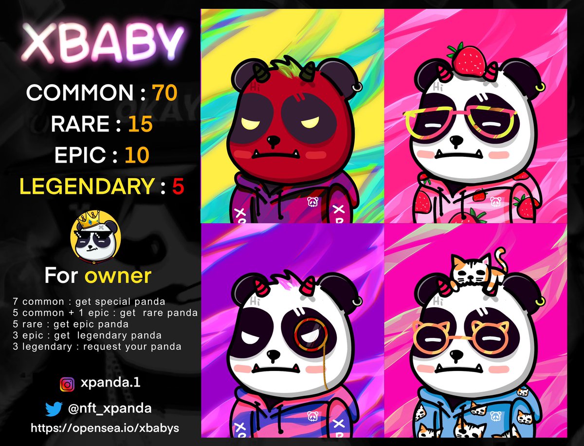 nft_xpanda's tweet photo. 🚨update🚨XBABY #74 - 77 including a very rare panda XBABY collection! 100 unique, hand drawn Pandas with special traits. 

https://t.co/1yEgslH3ZK

Each Panda that you adopt is 1/1.
Thanks all my collectors
#NFTs  #nftcollector #NFTdrop #NFTTHAILAND https://t.co/yAjdgd3CjM