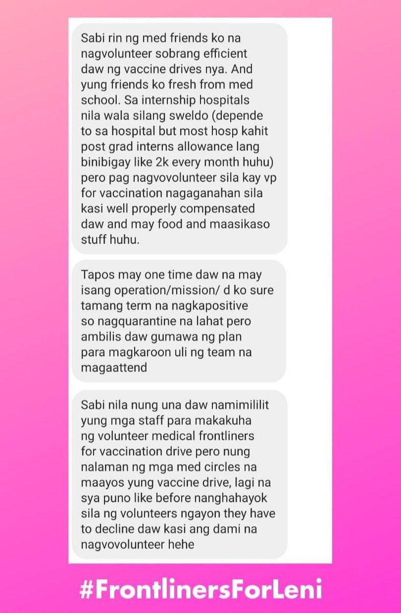Share ko lang 'tong message from a friend tungkol sa experiences ng mga kilala niyang frontliners. Sobrang ayos daw ng mga vaccination drives ni VP Leni Robredo 💯

#FrontlinersForLeni #LetLeniLead #LabanLeni2022

Shared by facebook.com/thechrisdevera