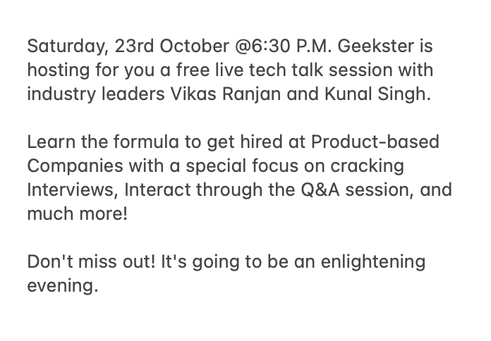 geekster_in's tweet photo. Register Here: https://t.co/SMsbcDAOxr
 
Please share with your friends.
 
✅ Please Follow Geekster for more interesting updates on demanding topics
 #event #liveevent #techtalk #webinar #techtalksession #geekster #interview #productbased #job #interviews #hired #expert https://t.co/yCfP5iOx9y