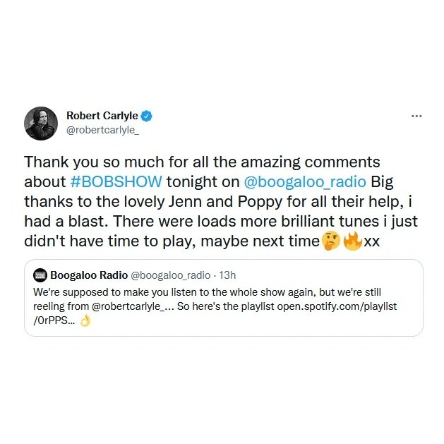 theheavynorth's tweet photo. A massive thank you to new music champion & iconic actor Mr @robertcarlyle_ for spinning our single #NoGood on his @boogaloo_radio show last night (Wed 20th)
Listen again to Bobby’s playlist from last night's #BOBSHOW over on #Spotify
https://t.co/Y3RZPEuTSc
#BoogalooRadio https://t.co/2HQfqw3ZBB