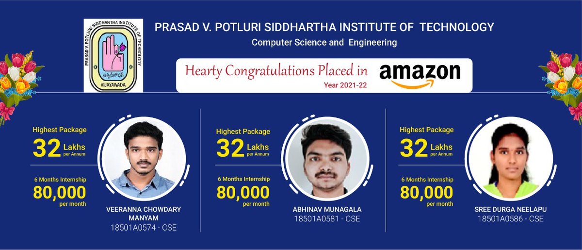 Pvpsit_CSE's tweet photo. We feel proud to share that 3 students from 2022 graduating batch has secured placement offer from Amazon with a package of” 32 Lakhs per Annum”. We wish them a great success in future. #pvpsitcse #CSE #Amazon https://t.co/lLEgqSmGlq