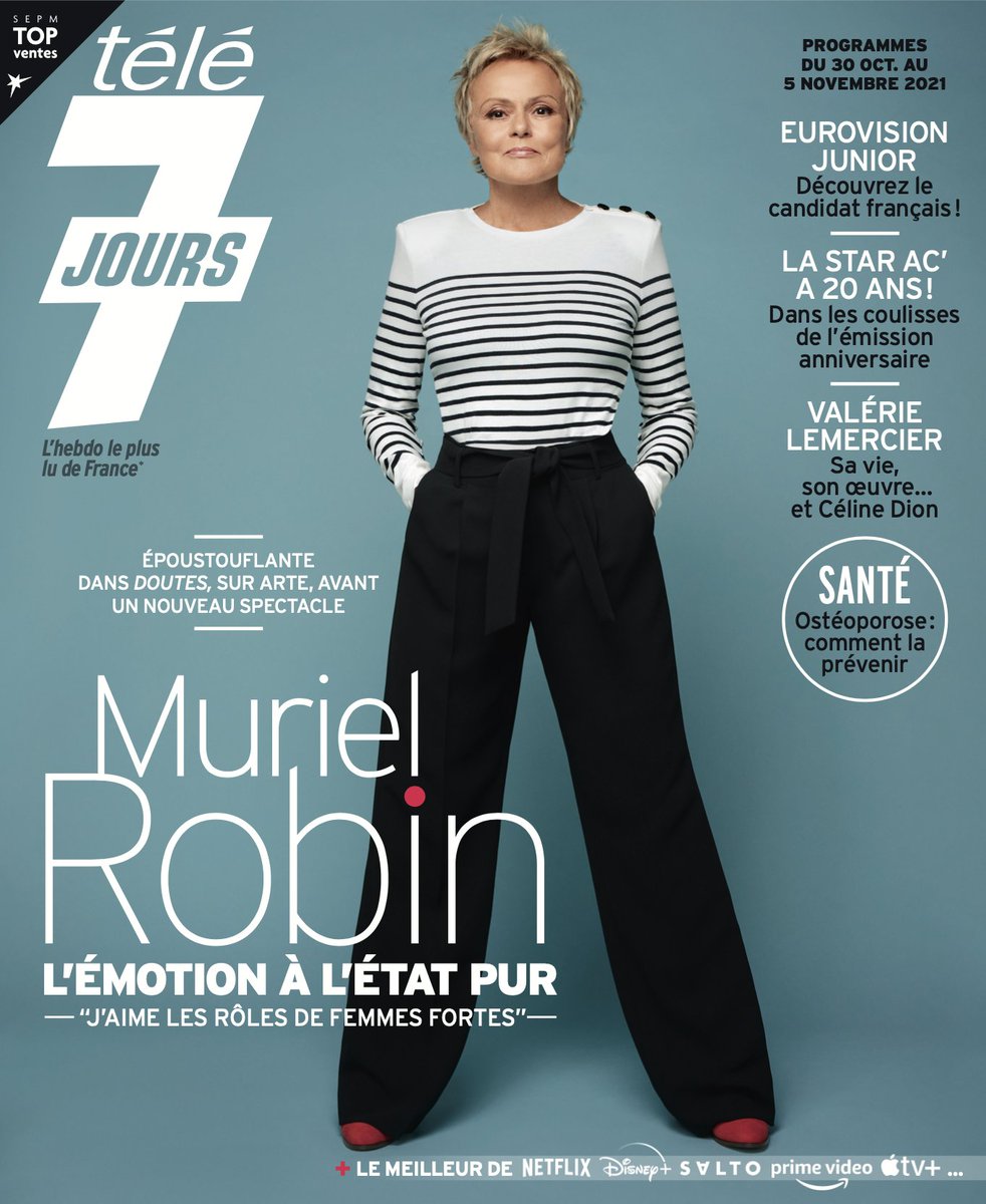 Tele7jours's tweet photo. Dès lundi, retrouvez @MurielRobinCOM en couverture de votre magazine Télé 7 Jours ! 
Elle se livrera dans une interview exclusive sur son rôle dans la série "Doutes" (arte) ainsi que sur son nouveau spectacle.

#MurielRobin #couverture #télé7jours #magazine #programmetélé https://t.co/LFCWAFsQGy