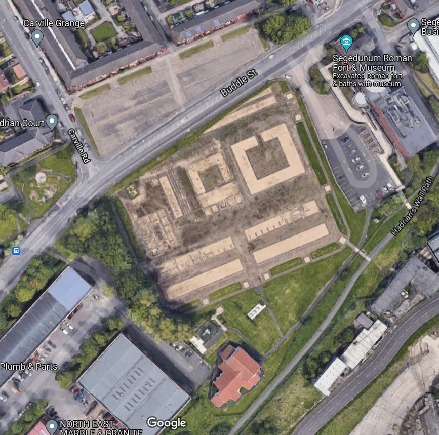 Google Maps aerial image of the exposed remains of Segedunum Roman fort. The buildings that were built over the fort were demolished in the 1970s and the remains of the fort were excavated, consolidated and a visitor attraction was opened. 