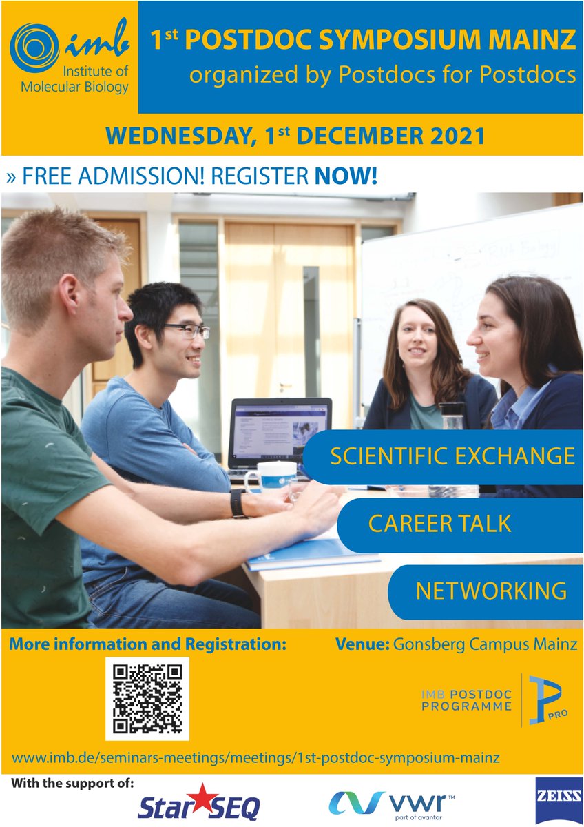 Join us for our 1st #Postdoc Symposium on 1 Dec 2021!

This symposium will bring together #lifescience postdocs in #Mainz &amp; the #RheinMain area to exchange scientific ideas &amp; strengthen scientific networks🧬

💻imb.de/seminars-meeti…

🎫Register for free form.123formbuilder.com/6008271/
