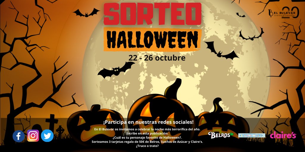 ccelbulevar's tweet photo. 🎃 #SorteoHalloween 🎃
👻¿Cuál es tu personaje favorito de #Halloween?
👻 Escribe aquí debajo tu respuesta 
👻 Puedes ganar: 1 tarjeta regalo de 50€ de @Belros o de #SueñosdeAzúcar o de @ClairesEurope 
Participa hasta el 26 de octubre 
Bases: https://t.co/SwIiGVZOJ4 https://t.co/aD5HLakVHO