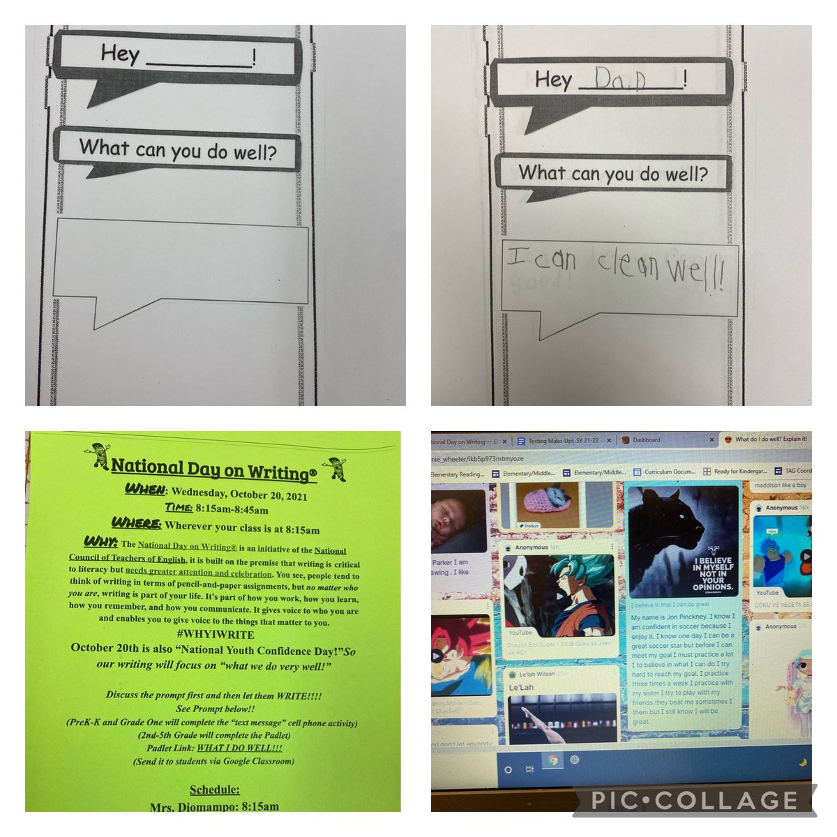MJ_71121's tweet photo. The National Day on Writing at FTE was great! It was also “National Youth Confidence Day!” Scholars sent text and wrote a Padlet of what they do well!! Such confidence and not afraid to write…no matter what grade!❤️@PGCPSK5RELA @Ms_AC_Conwell  @PrincipalGaston @NatlToday https://t.co/LIIKWSgKPn