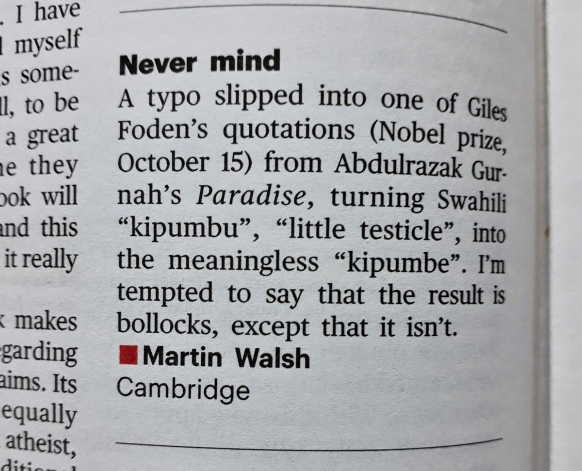 MartinTWalsh's tweet photo. Some punk wordplay in this week's Times Literary Supplement (apposite title thanks to David Horspool @TheTLS) #NobelPrize #Gurnah #literature #Swahili #Kiswahili #Zanzibar #Tanzania #SexPistols https://t.co/OpsqYThh7a