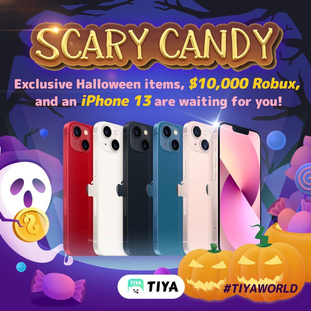 usa_tiya's tweet photo. Scary Candy🍬!
Would you like to win exclusive in-app items, Robux, or an iPhone 13?!
Participate in TIYA's Halloween activities to redeem awesome prizes!
#tiyaapp #tiyaworld #halloween #giveaway #iPhone13 #iPhone #iPad #apple #Robux #activity #trickortreat #gift #friends #game https://t.co/DsNZBMahcb