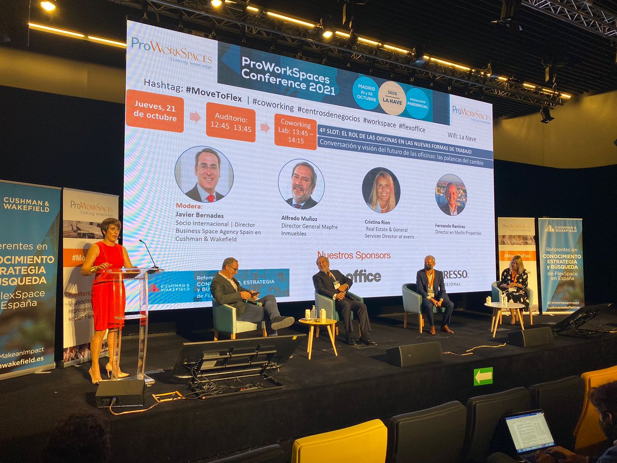 CushWakeSPAIN's tweet photo. Primer día de @ProWorkSpaces Conference 2021.

Javier Bernades, responsable del equipo de Business Space en España de C&amp;W, modera la mesa 'Conversación y visión del futuro de las oficinas: las palancas de cambio' con profesionales de #MapfreInmuebles, #Everis y #MerlinProperties. https://t.co/yOAu4IwbbD
