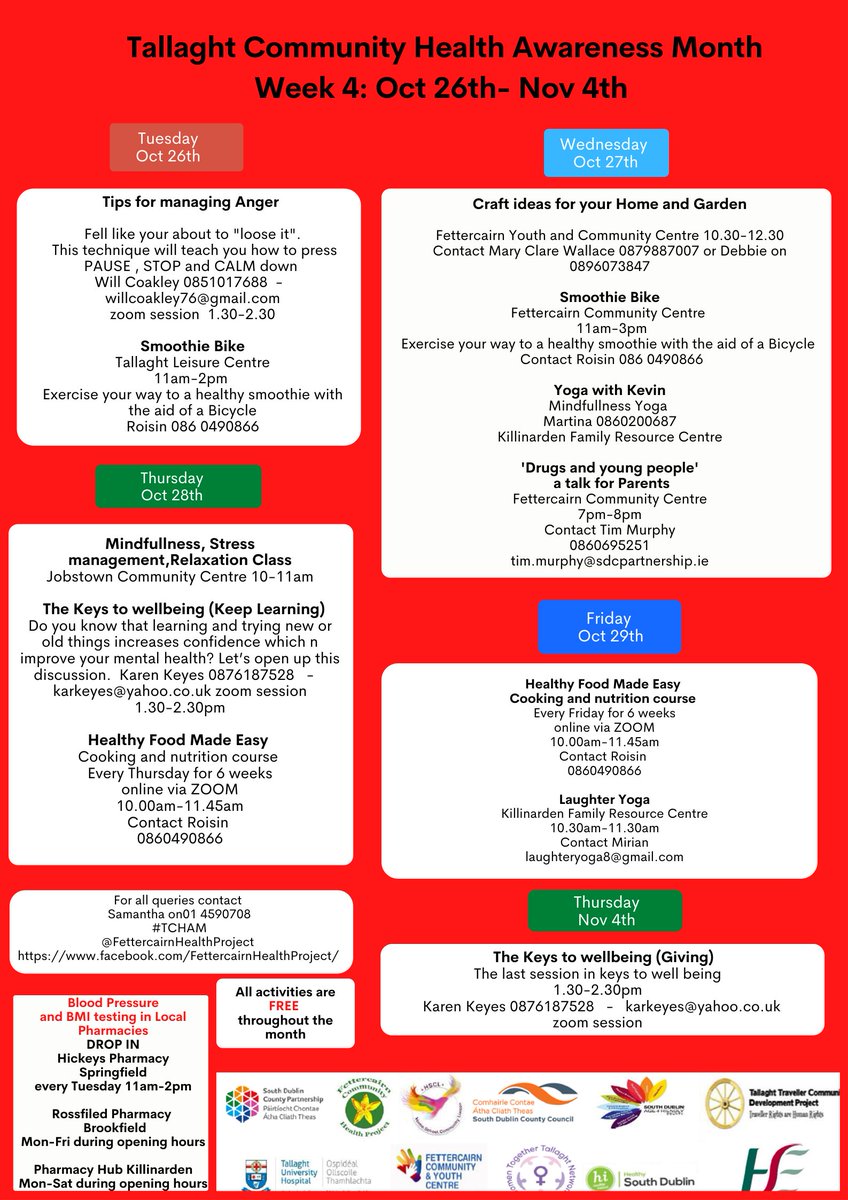 sdublincoco's tweet photo. South Dublin County Partnership and the Fettercairn Health Project welcome you to Week 4 of the Tallaght Health Awareness Month. Please see our full calendar of events https://t.co/9vIi85KIRp
#TCHAM Fettercairn Health Project https://t.co/h1p8U4dIZ2