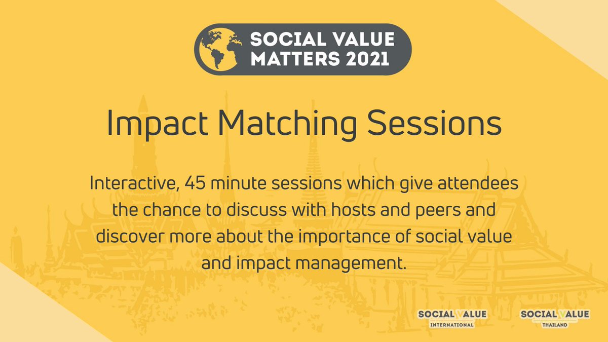 We are now live with #ImpactMatching sessions, where you can discuss topics such as the SDG Impact Practice Standards, The Professional Pathway with SVI, Social Value in International Development, Becoming a B-Corp and much more! #SocialValueMatters @socialvalueth