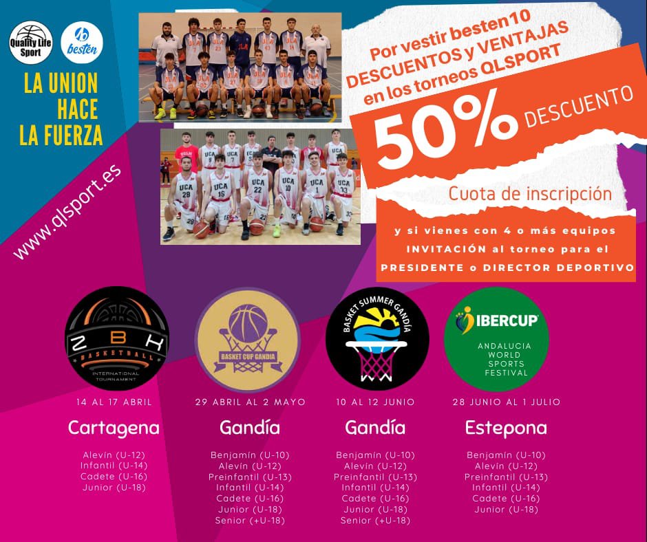 QLSPORT_'s tweet photo. Si eres un club que viste
@besten10sport te beneficias con descuentos y ventajas en nuestros torneos y eventos. Para los torneos de baloncesto 2022 de QL Sport tienes un 50% de descuento en la inscripción. ¡¡Te esperamos!!
Info e inscripciones: https://t.co/NRHLy18XFq
#QLSport https://t.co/bmBbsGpC4u