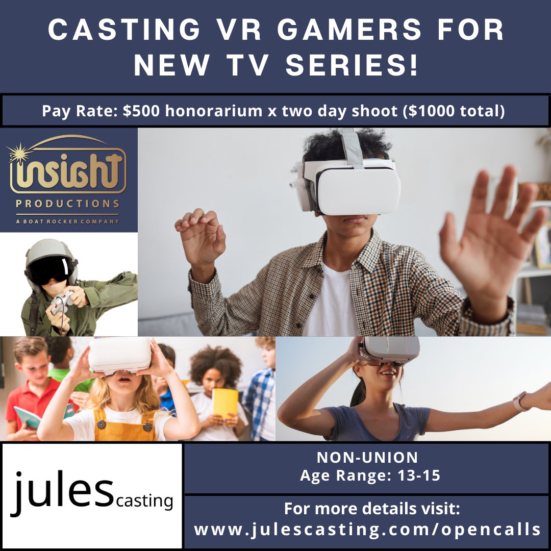 CASTING KIDS THAT ARE VR GAMERS FOR NEW TV SERIES!! Details at JulesCasting.com/opencalls #julescasting #castingcall #vrgamers