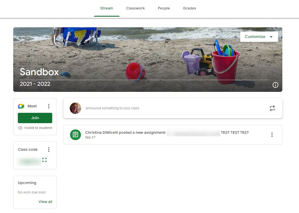MrsDi's tweet photo. It is a small thing but it MAKES ME HAPPY!
Google Classroom headers are no longer automatically darkened... look how bright my Sandbox Classroom is now!  Bonus --> the Class Code is now located in the Stream right below the new Meet box. Good stuff.
#GoogleEDU #GoogleET https://t.co/LaCkRq1Sir