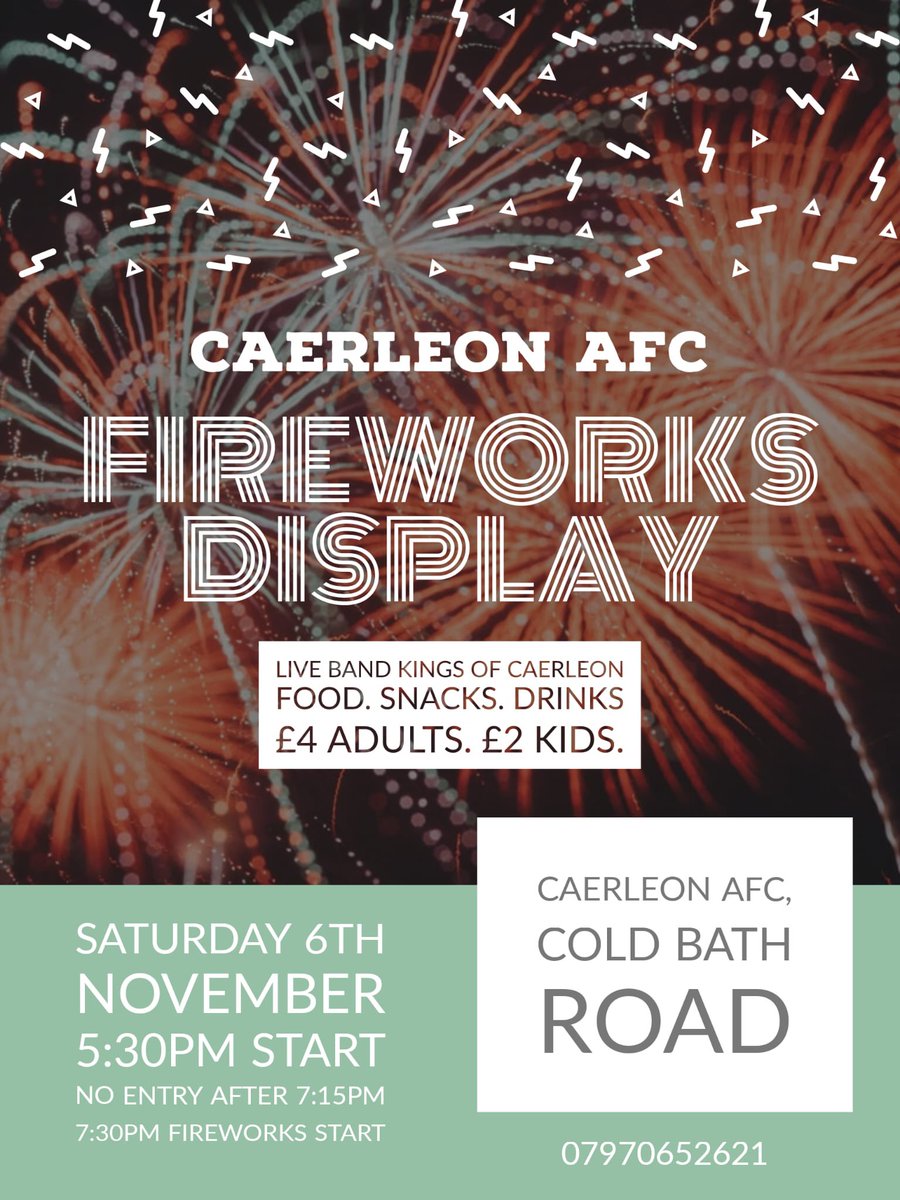 💥💥💥FIREWORK DISPLAY 💥💥💥

After missing out in 2020 due to Covid, the best night of the year is back in 2021!

Tickets available from Caerleon AFC:

19:00pm-21:00 Week Nights;
14:00pm-20:00pm on Sat &amp; Sun.

Please retweet, spread the word and help support your local club!