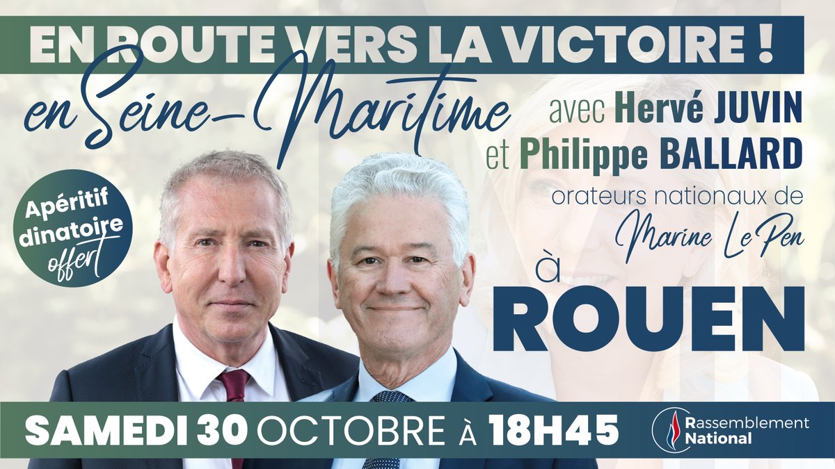 RNational_76's tweet photo. En route vers la victoire de Marine Le Pen à #Rouen !
🗓 Samedi 30 octobre à 18h45, le RN76 reçoit @HerveJuvin, Député européen, et @BallardPhilippe, porte-parole du RN pour évoquer la campagne #presidentielles2022 de @MLP_officiel https://t.co/dsrDDJyBoC