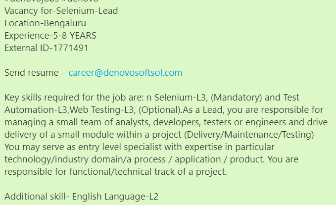 denovosoftsol's tweet photo. #denovojobs #denovo
Vacancy for-Selenium-Lead
Location-Bengaluru
Experience-5-8 YEAR
External ID-1771491

Send resume – career@denovosoftsol.com
#selenium #SOAtesting #groovyscripting #dataanalyst #developer #testengineer #seleniumjobs #dataanalyst #developer #testengineer https://t.co/HDeHwiIJSc