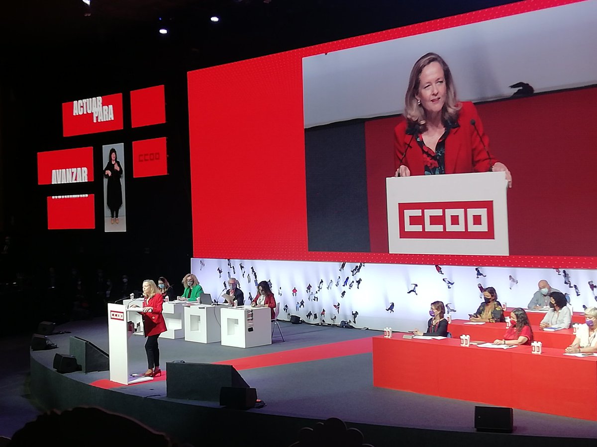RicardBellera's tweet photo. La Ministra de Economía @NadiaCalvino saluda el XII congreso de @ccoo #ActuarParaAvanzar y pone en valor el aumento del SMI pero no menciona la derogación de la reforma laboral, q es el escudo de protección social q necesitamos con mayor urgencia!

@ccoocatalunya https://t.co/fl9viykgDR