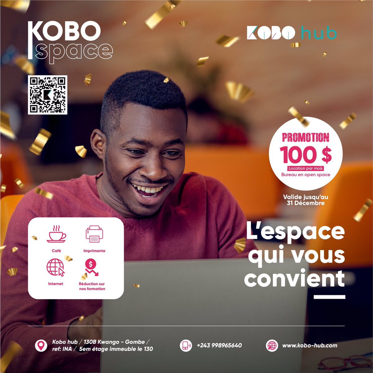 Offre promotionnelle !!
Votre entreprise mérite un siège, une bonne adresse à l’image de votre société. 

Profitez de notre réduction et prenez un bureau en open Space au prix de 100$ par mois. 

#kobospace #kobohub