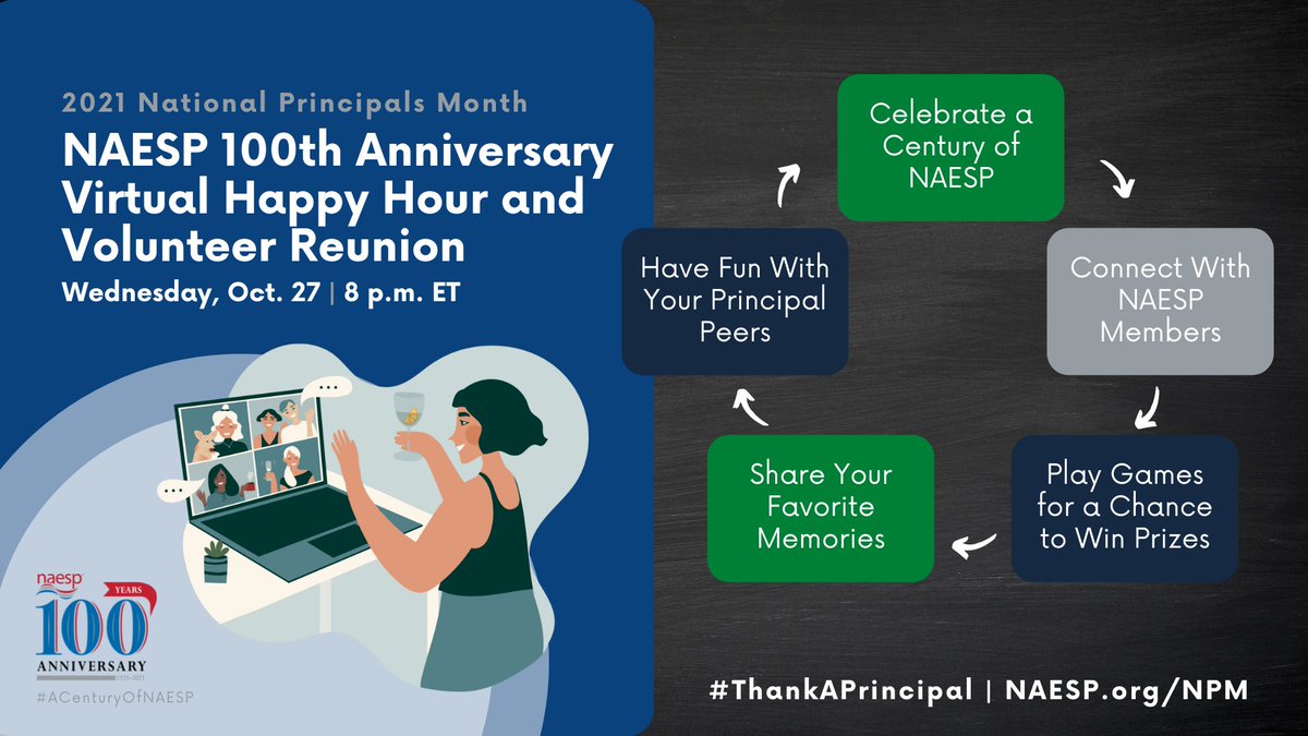 NAESP's tweet photo. NAESP is hosting a virtual happy hour and reunion Oct. 27 at 8 pm ET to celebrate #ACenturyOfNAESP and National Principals Month! Join @NAESP members and hosts @PWPrincipal and @efranksnaesp for games and a chance to win prizes. https://t.co/6zMVz5fNZs #ThankAPrincipal https://t.co/GkBK2t4UBH