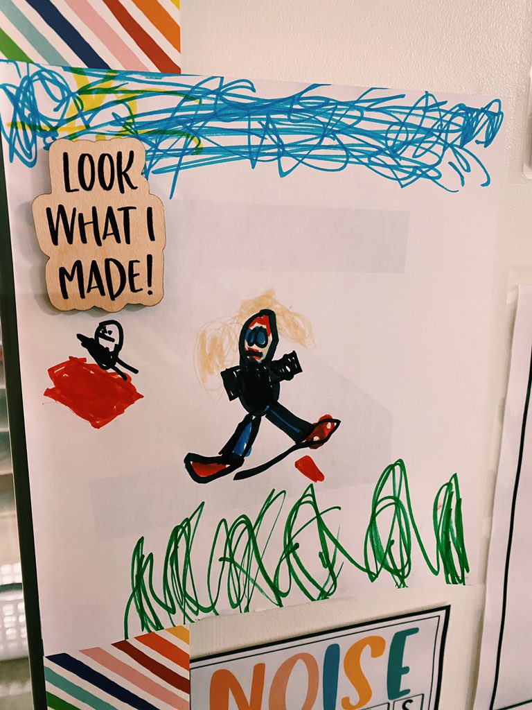 Madie426's tweet photo. A portrait of me by one of my kindergarteners, on the playground making sure kids go down the slide safely 😂♥️ https://t.co/BOJQE3kKqq