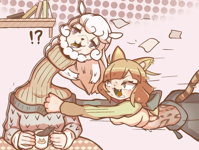 オリキャラ×オリキャラ猫科動物がモフモフの獲物を捕らえるの図です。 