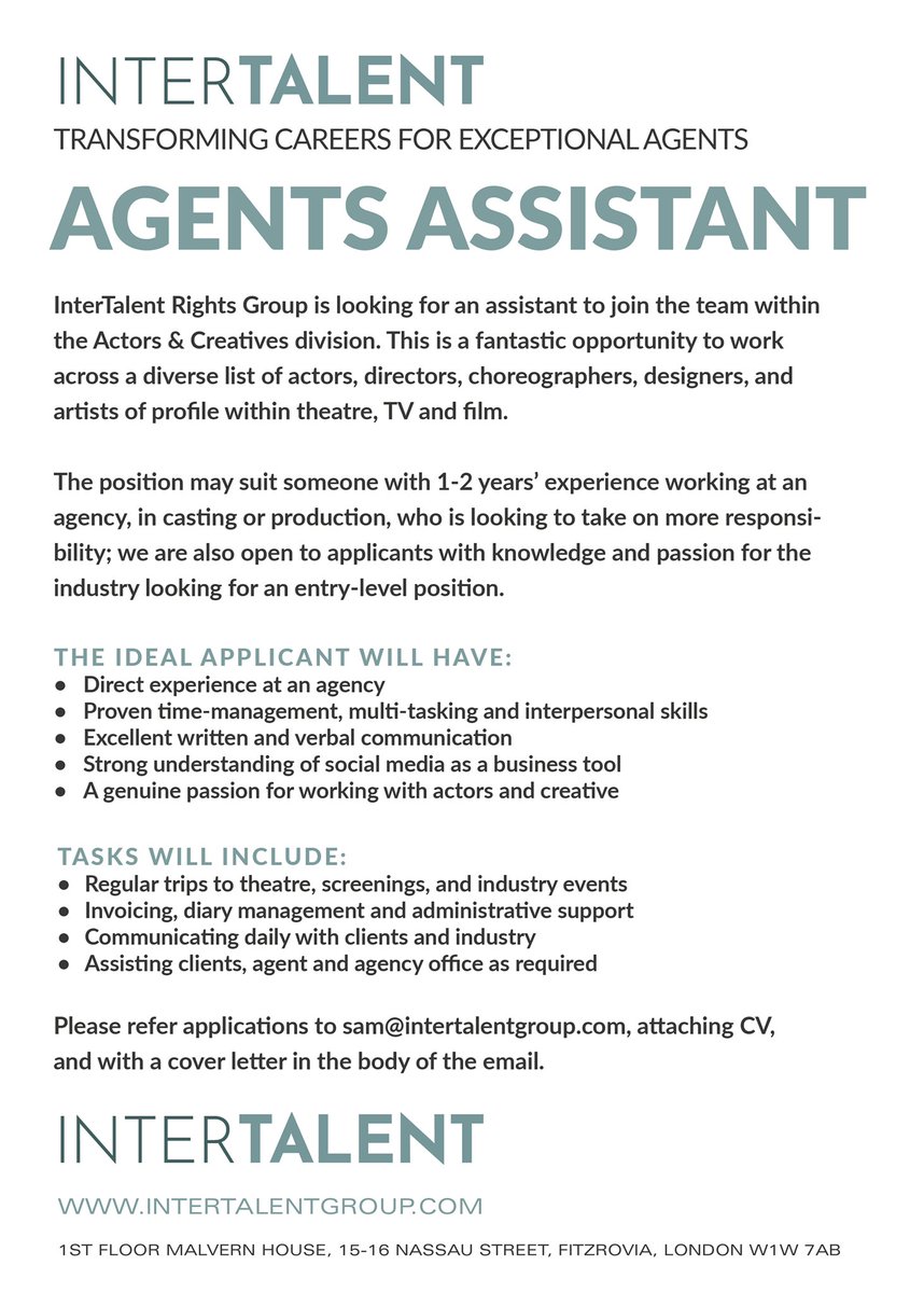 InterActors's tweet photo. Now hiring: Agent’s Assistant ✍️
@SamWLDay
Please share 📩
#agentsassistant #agentjob #artsjob #performingarts #theatrejob #tvjob #filmjob #jobopportunity #musicaltheatrejob #assistant #hiring https://t.co/gTeV0tFjpJ