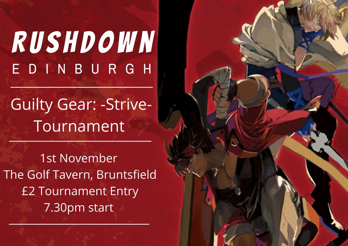 Our next tournament is Guilty Gear: -Strive- on 1st November! 

The bracket is live now on Smashgg, click the link and get yourself signed up! 

smash.gg/tournament/rus…