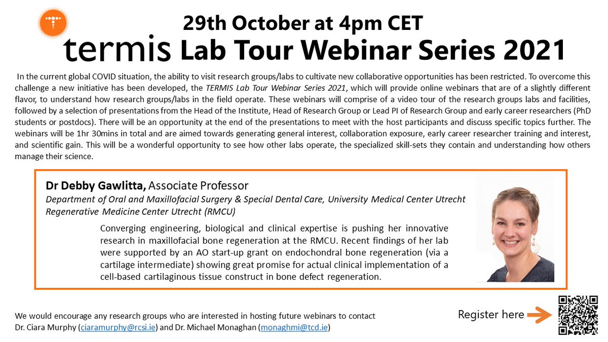 TERMIS SYIS EU (@syiseu) on Twitter photo š¢ New TERMIS event next week!!
Virtual tours is back on Friday 29th at 4PM.
Get the chance to visit <a href="/d_gawlitta/">Debby Gawlitta</a>'s lab and learn about her group's research, including time for questions & discussion.
Free for all Termis members, registration here: us06web.zoom.us/webinar/regist⦠š¢ New TERMIS event next week!!
Virtual tours is back on Friday 29th at 4PM.
Get the chance to visit <a href="/d_gawlitta/">Debby Gawlitta</a>'s lab and learn about her group's research, including time for questions & discussion.
Free for all Termis members, registration here: us06web.zoom.us/webinar/registā¦