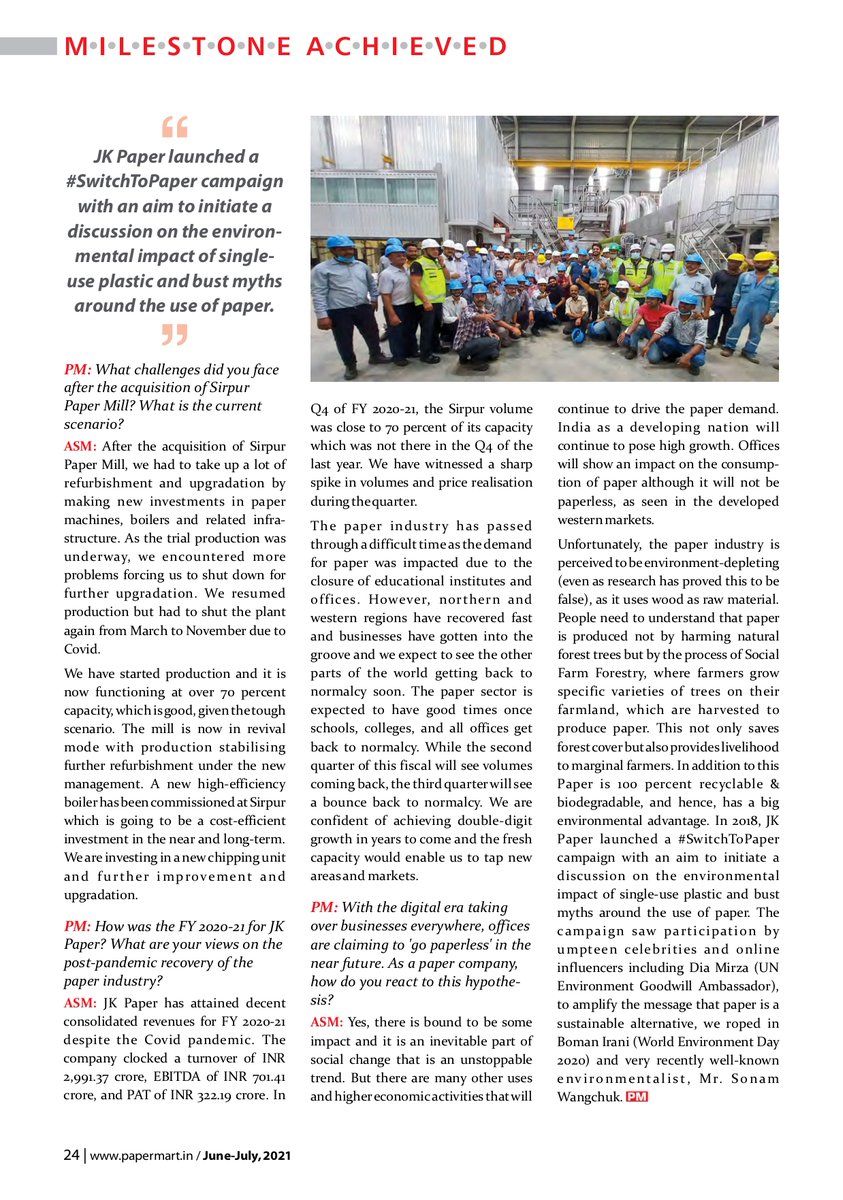 papermartindia's tweet photo. Read full Interview: https://t.co/cpVsQjxc5U
Mr. A.S. Mehta, President &amp; Director, @JKPaperIndia  sheds light new #packagingboard facility at Unit CPM, #packagingindustry and shares his thoughts on acquisition of #SirpurPaperMill.
#JKPaper #PaperIndustry #Papermills #paperprice https://t.co/DbRuSGzRIw
