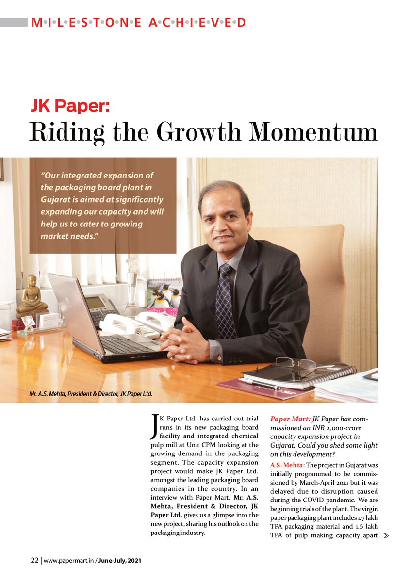 papermartindia's tweet photo. Read full Interview: https://t.co/cpVsQjxc5U
Mr. A.S. Mehta, President &amp; Director, @JKPaperIndia  sheds light new #packagingboard facility at Unit CPM, #packagingindustry and shares his thoughts on acquisition of #SirpurPaperMill.
#JKPaper #PaperIndustry #Papermills #paperprice https://t.co/DbRuSGzRIw