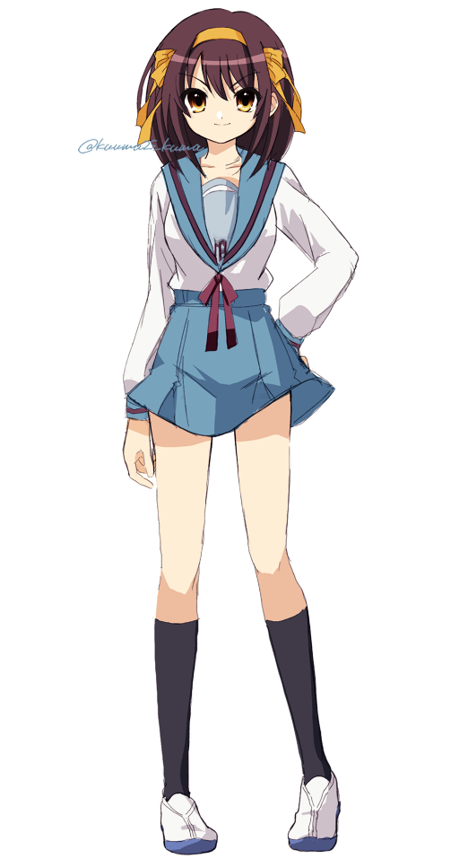 suzumiya haruhi 1girl solo kita high school uniform sailor collar school uniform blue sailor collar skirt  illustration images