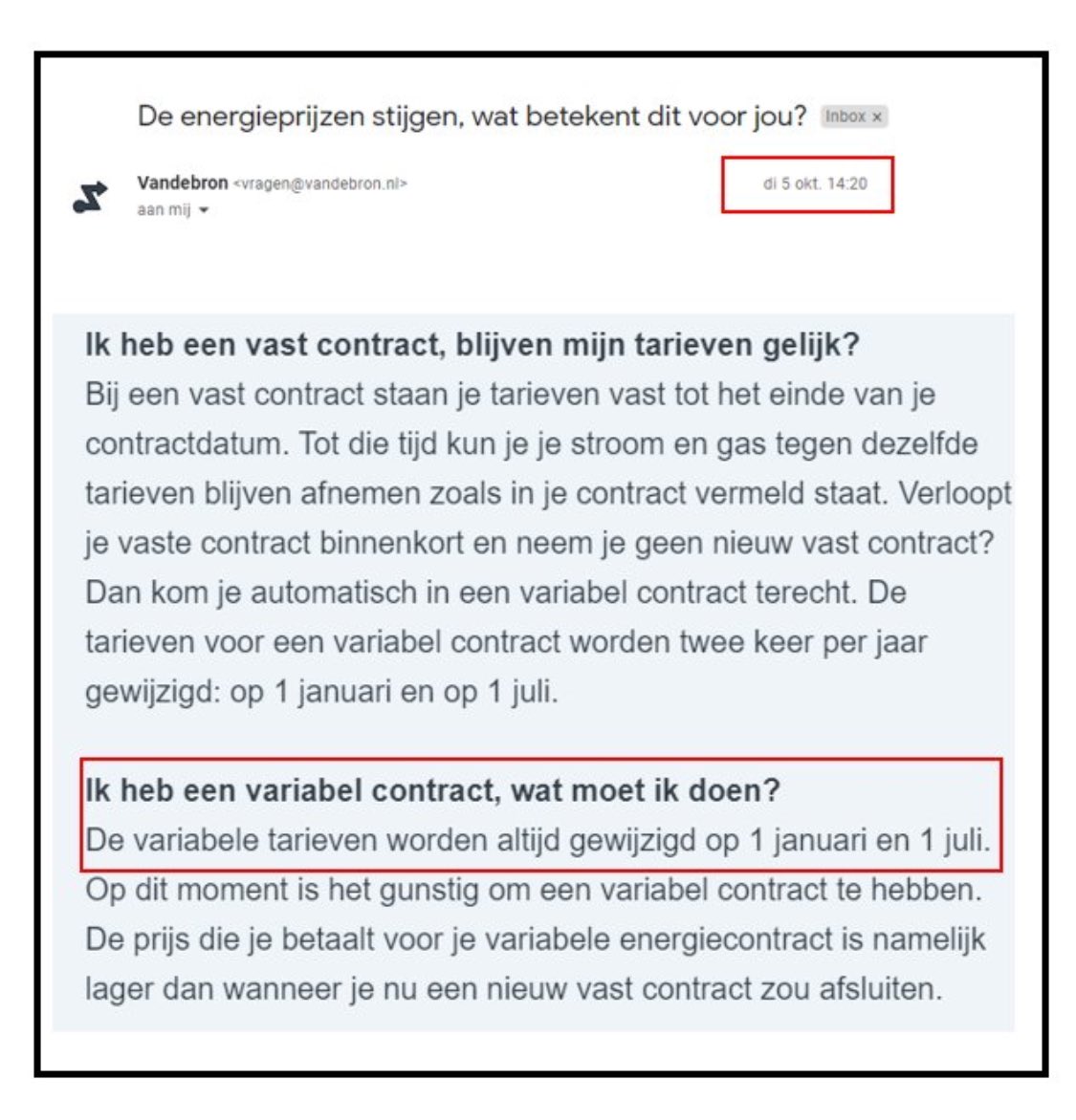 TvanGroningen's tweet photo. Twee weken geleden zei @Vandebron in een nieuwsbrief nog dat de prijzen tot 1 januari niet zouden stijgen. Sterker nog, het was zelfs gunstig om nu in een variabel contract te zitten. Twee weken later bleek dat toch iets te veel geld te kosten. (Merci @ColinRobaard) https://t.co/IpiX4u4pFT