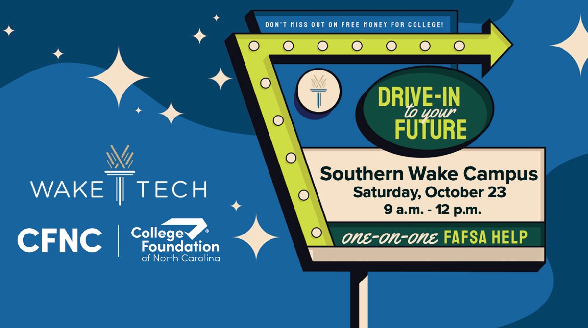 waketechcc's tweet photo. #WakeTech is one of more than 25 colleges & universities participating in North Carolina’s Drive-In #FAFSADay on Sat, Oct. 23.
@WakeTechFinAid will be available to assist any student needing @FAFSA support from the safety of their car.
More: https://t.co/X8LLNkrXem
@CFNC @WCPSS https://t.co/jdlKds3uWm