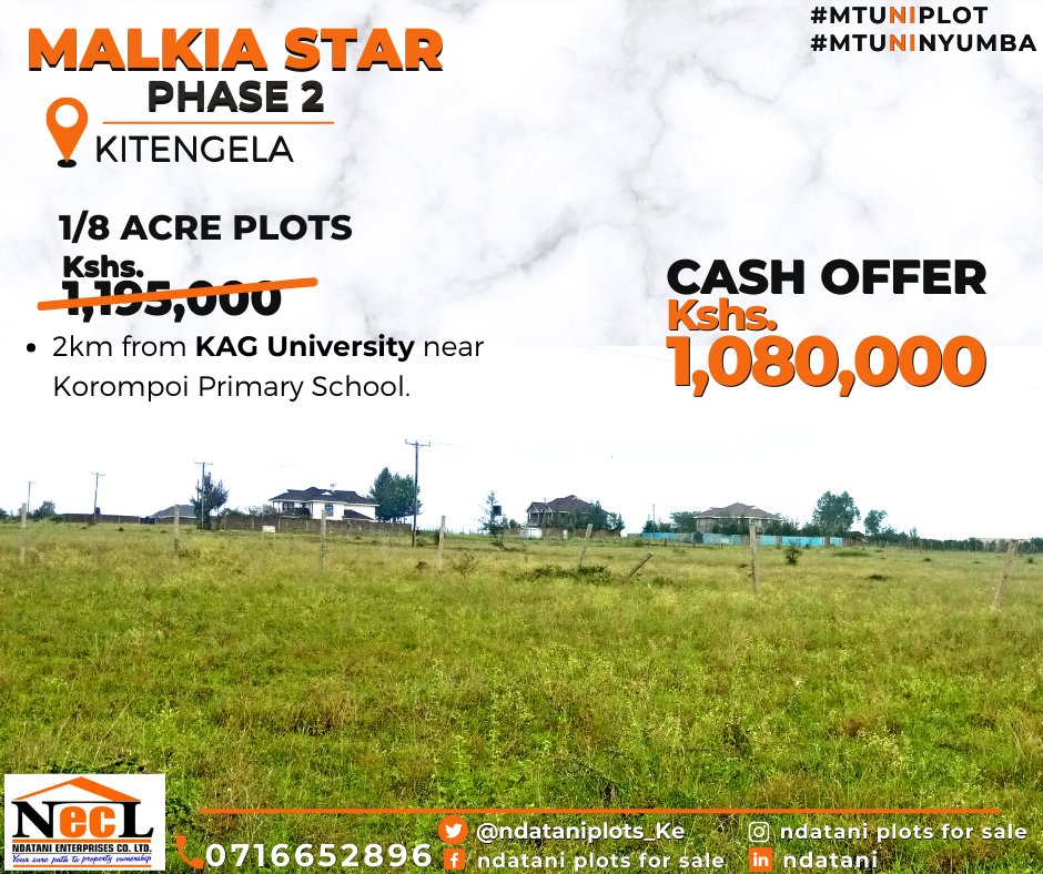 ndataniplots_Ke's tweet photo. The Malkia Star Estate Phase 2  is located 2km off Namanga road around KAG University.
✔ Cosmopolitan neighborhood
✔ Water accessible
✔ Power on site
✔ Murram access roads
Visit us now https://t.co/hgyCwj9uR3
Call 0716652896
#MtuNiPlot https://t.co/DtjVwdxnAq