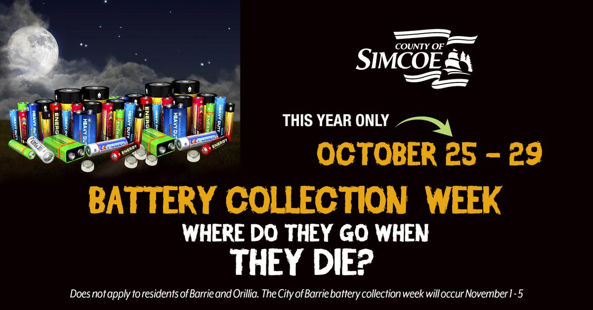 simcoecounty's tweet photo. Don't throw away dead batteries! Save them for our curbside #batterycollection Oct 25-29. Date change applies to this year only. Place sealed battery bag beside recycling bins on your regular collection day. https://t.co/pwHlYHWoYC
*Doesn't apply to residents of Barrie & Orillia https://t.co/ht7UY7GgKE