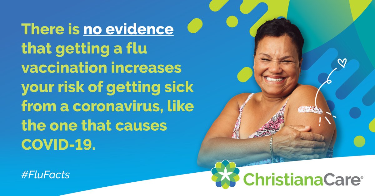 christianacare's tweet photo. Get the #FluFacts. There is no evidence that getting a flu vaccination increases your risk of getting sick from a coronavirus, like the one that causes COVID-19. Learn more from the CDC:  https://t.co/h0Gf6s1G1i https://t.co/xCdUVMYOAD