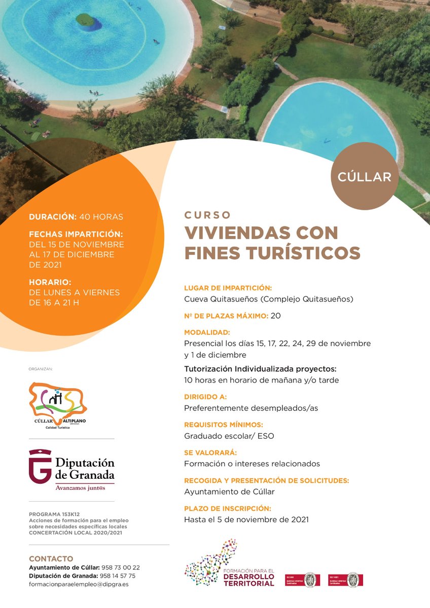 CullarGranada's tweet photo. ACCIÓN FORMATIVA: “Viviendas con Fines Turísticos”
- Del 17 de noviembre al 17 de diciembre. 
 FIN PLAZO PRESENTACIÓN SOLICITUDES: Hasta el 5 de noviembre.
https://t.co/TfKpsROXRJ https://t.co/aLWDAfdvIL