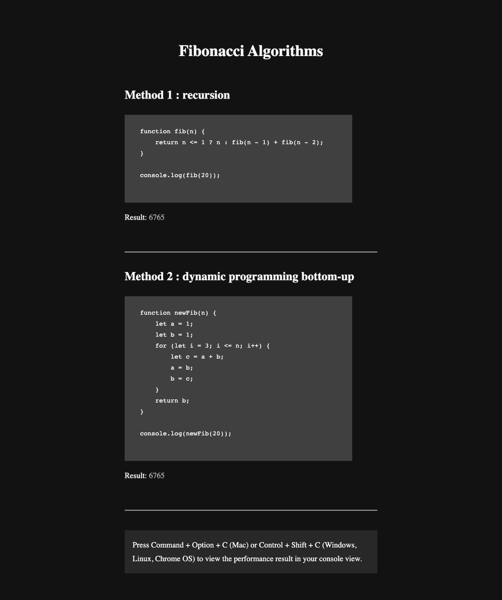 wkasiban's tweet photo. A small project! Comparing the performance of 2 fibonacci algorithms by using console.time() and styled it with dark themes. Check this out --> https://t.co/My4NGxJuw2
#100DaysOfCode https://t.co/2EEocONzbP