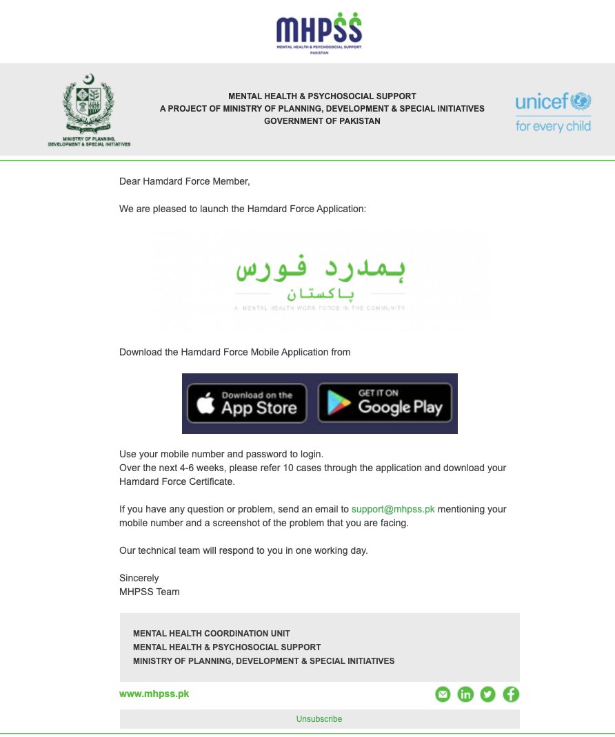 MHPSS_PK's tweet photo. If you have already registered and completed the course, please download your #HamdardForce App. 

Now you can refer people who need more help for mental health &amp; psychosocial to our team. https://t.co/ZoBv91zsFh