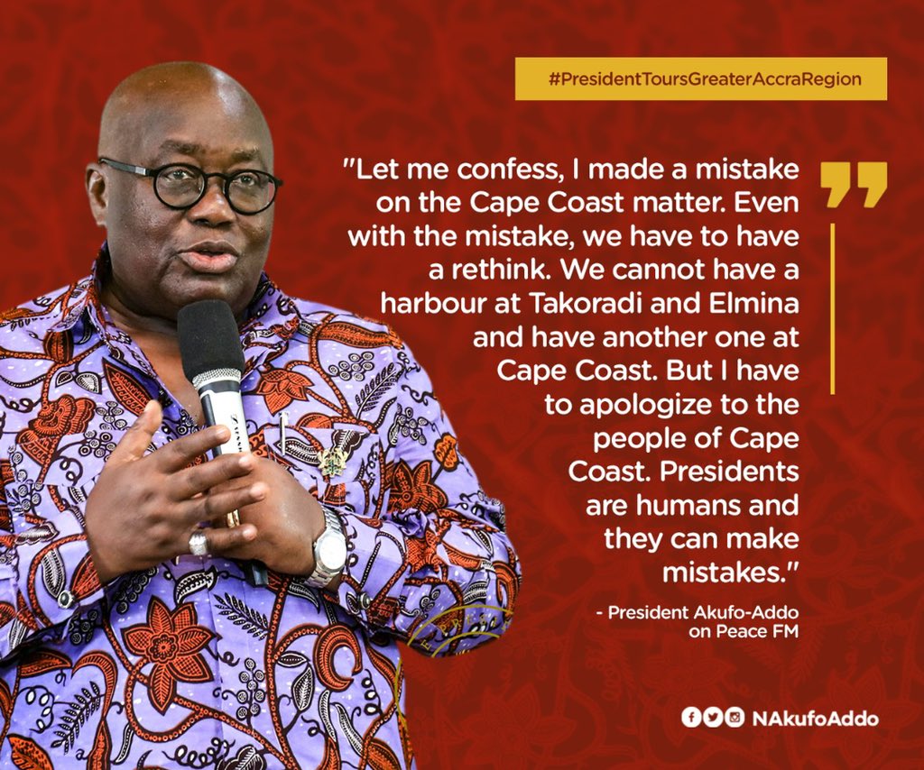 NAkufoAddo's tweet photo. Let me confess, I made a mistake on the Cape Coast matter. Even with the mistake, we have to have a rethink. We cannot have a harbour at Takoradi and Elmina and have another one at Cape Coast. But I have to apologize to the people of Cape Coast. https://t.co/2gfUsDlztv
