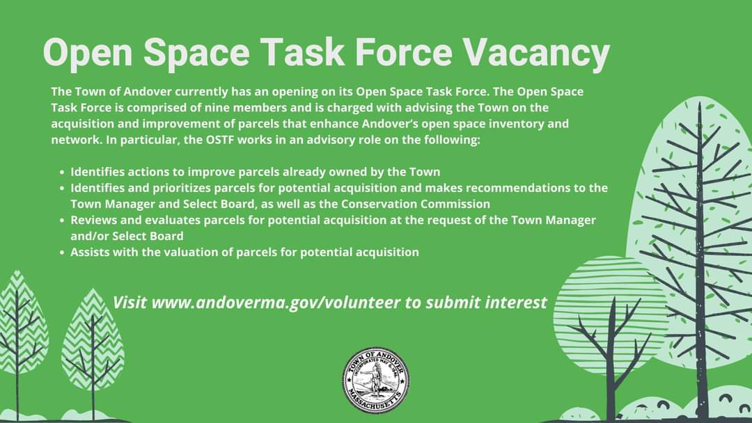 AndoverMaGov's tweet photo. Looking for a way to get involved in town? Consider joining the Open Space Task Force! https://t.co/yHmJtIkbag