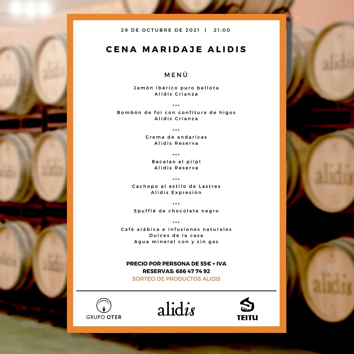 GRUPOOTER's tweet photo. El próximo viernes día 29, habrá una cena maridaje en #Teitu de la mano de las bodegas Vinos Alidis - Bodega Viña Mambrilla en Burgos 👏🍷
Las plazas son limitadas 😉
#Madrid #GrupoOter #Alidis #CenaMaridaje https://t.co/EKlWu3F10J