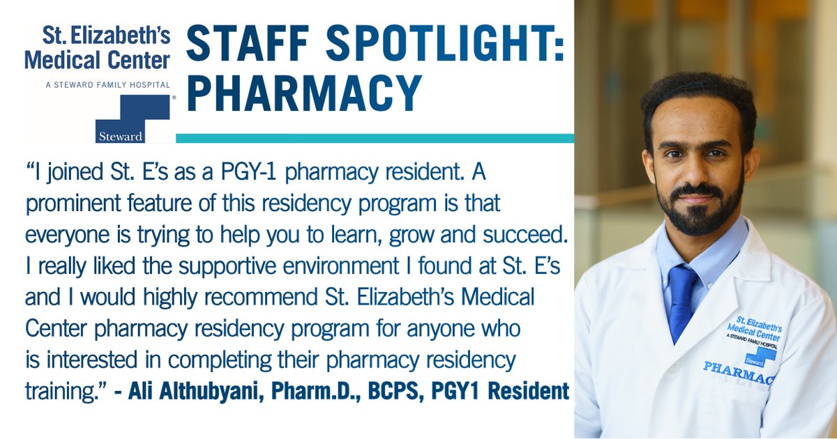 bmc_brighton's tweet photo. Today's #pharmacyweek spotlight is on Ali Althubyani, Pharm.D., BCPS, a PGY-1 pharmacy resident. Prior to joining the St. E's residency program, Althubyani completed two PharmD. degrees and became board certified as a pharmacotherapy specialist. https://t.co/xzMV8dzpXo