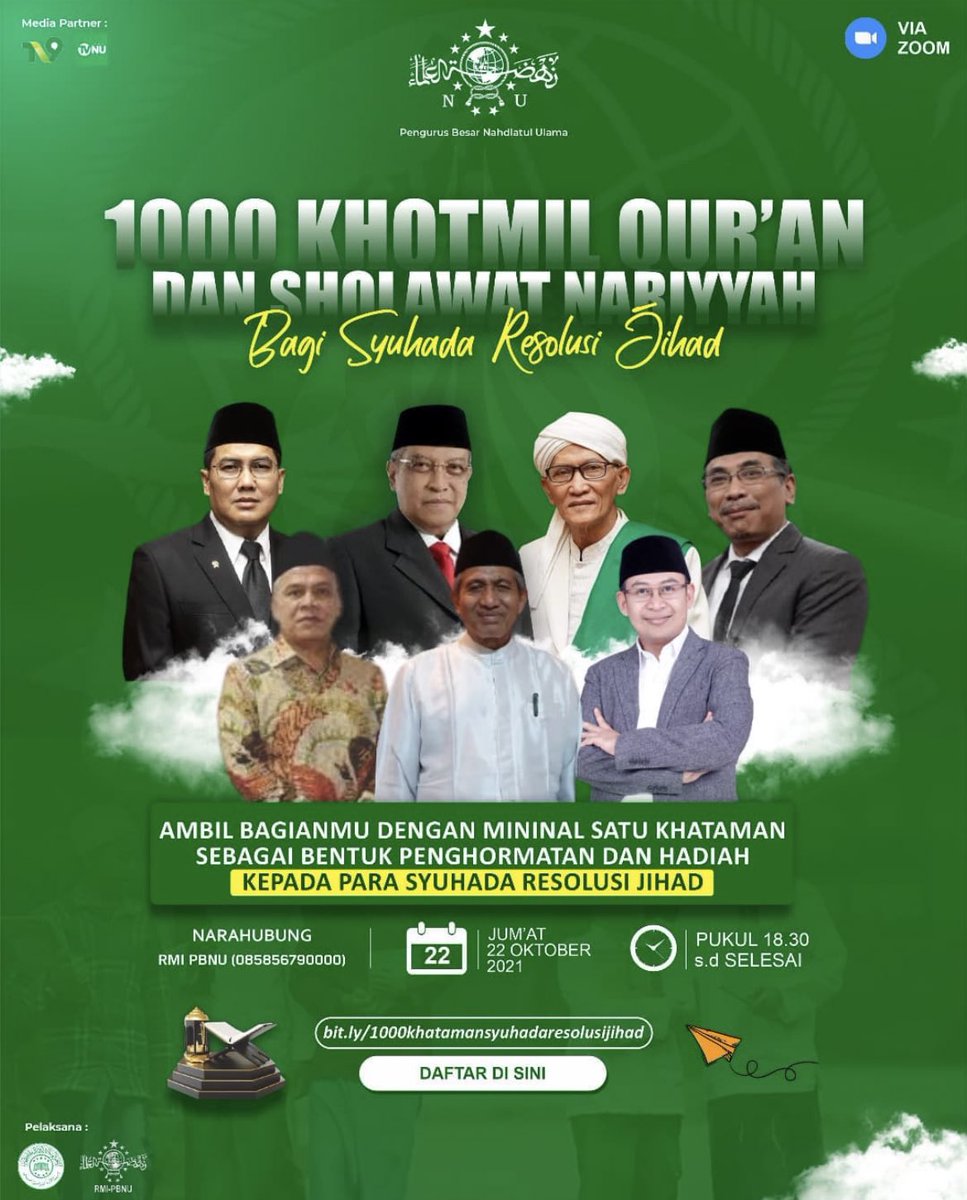 ayomondok's tweet photo. 1000 Khotmil Qur’an dan Sholawat Nariyah Bagi Syuhada Resolusi Jihad 22 Oktober 2021 Pukul. 18.30 Wib s/d Selesai live @TV9NUsantara @tvpbnu #HariSantri2021 #1000KhotmilQuran #SyuhadaResolusiJihad https://t.co/fgvvC659St