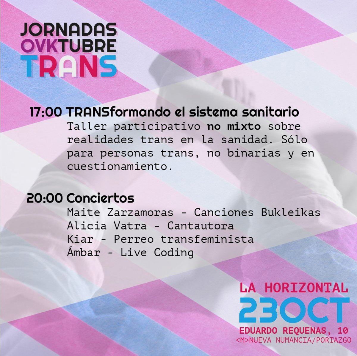 #OctubreTrans de Orgullo Vallekano 2021 en colaboración con @la_horizontal 
TransFormando el sistema Sanitario. (No mixto)
Conciertos (mixto)
#orgullovallekano 
<a href="/aliciavatra/">Ali Vatra</a>