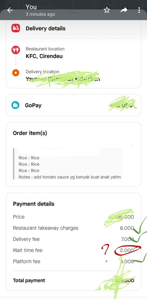 NindySelly's tweet photo. Halo aku hanya ingin bertanya kenapa ada Wait time fee yak??? 

Gw jarang bgt pake gofood, krn ini lg di RS aja jd lebih pengen yg efisien. Cuma ya mnurut gua aneh,fungsi delivery fee apa jadi? Atau nunggu hrs bayar skrg? tolong dijelasin @gofoodindonesia https://t.co/nzpCZSyjk9